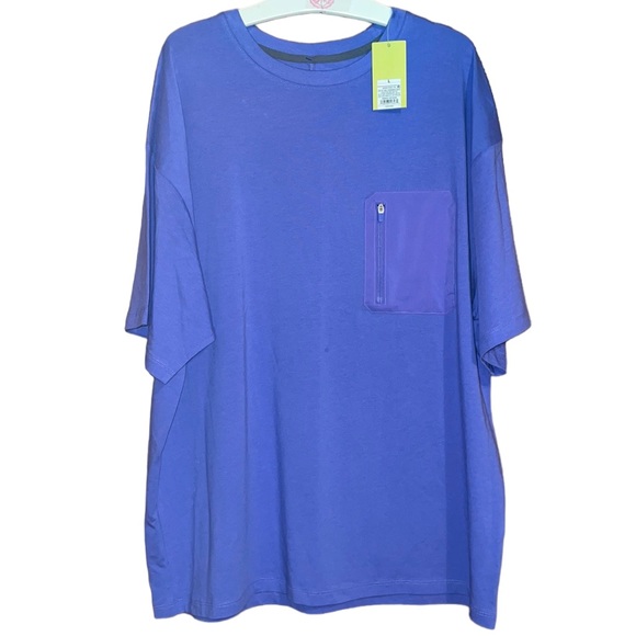 •ALL IN MOTION•NWT PERIWINKLE BLUE WOVEN ZIPPER POCKET CREWNECK TEE SIZE LARGE - Picture 1 of 7